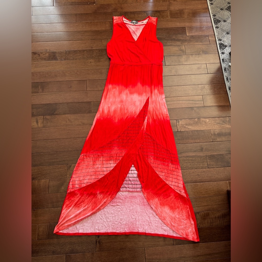 Neiman Marcus Red Ombre Tie Dye pattern High-Low Maxi Dress Front Slit Women’s S